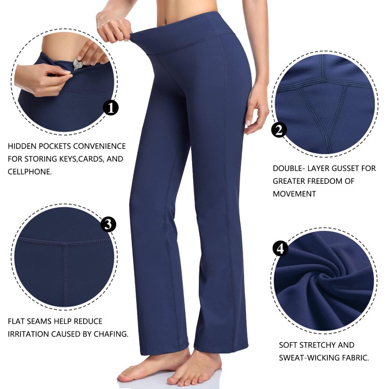 HISKYWIN Inner Pocket Yoga Pants 4 Way Stretch Tummy Control Workout Running Pants, Long Bootleg Flare Pants HF2 Navy Blue-XL - Image 5